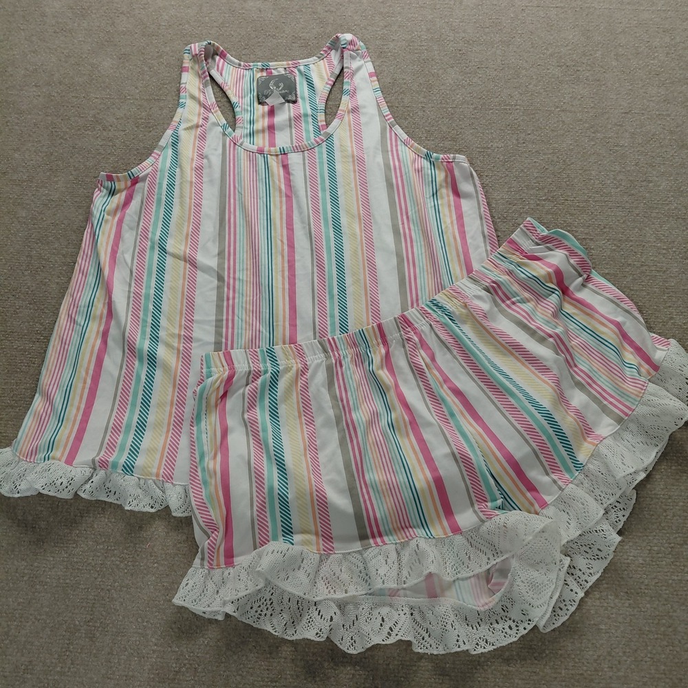 PJ Couture Women's XL Sleeveless Lace Trim Matching Short Set Colorful Striped